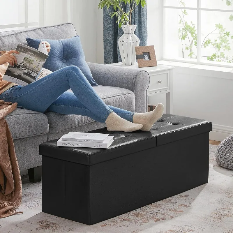 43 Inches Folding Storage Ottoman Bench with Flipping Lid, Storage Chest Footrest Padded Seat with Iron Frame Support