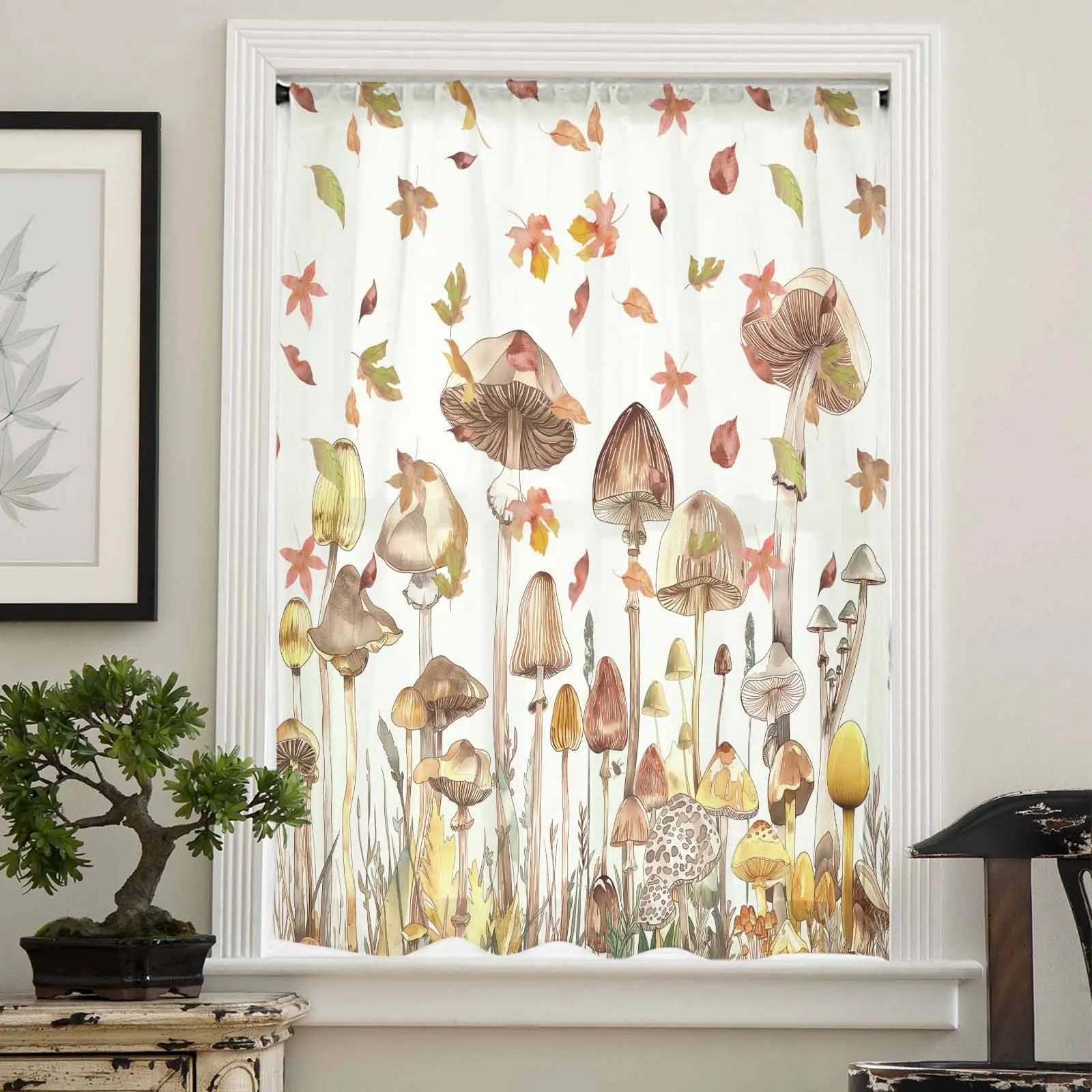 Autumn Watercolor Mushroom Leaves Sheer Curtains for Living Room Modern Home Decor Tulle Curtain Bedroom Voile Drapes