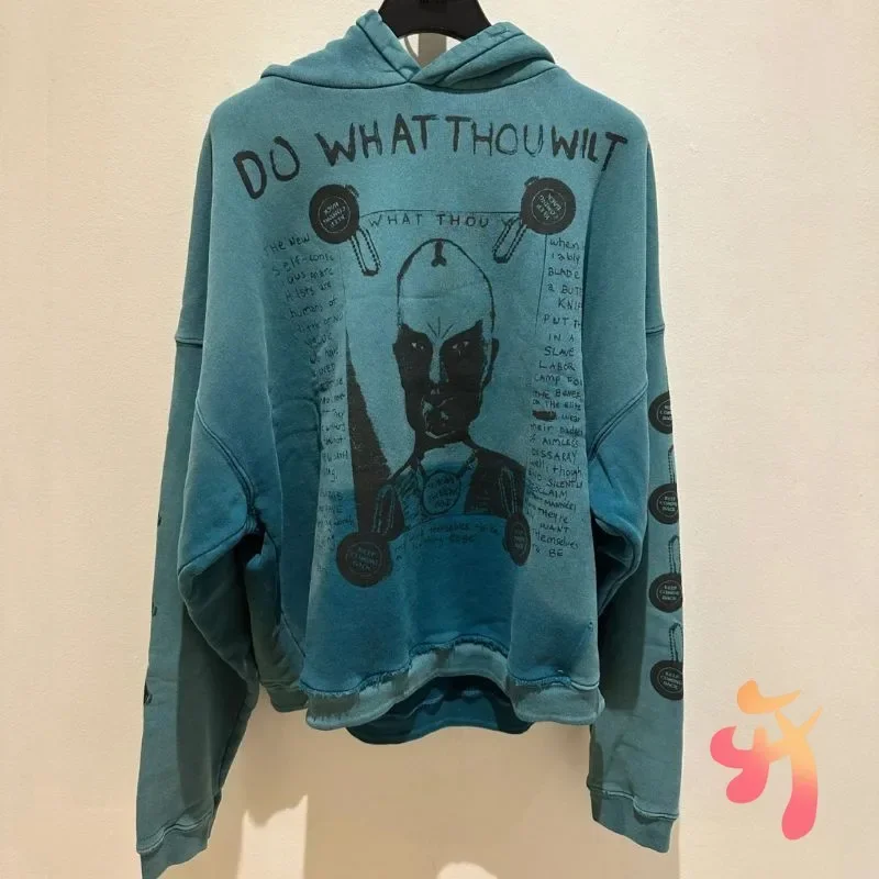 24ss Retro Fading Washed Blue Graffiti Bull Head Mask Portrait Print ERD Hoodies Street Oversized Men Women Riches Sweatshirt