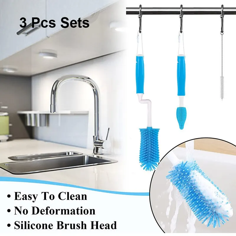 3 Pcs Blue Silicone Rubber Baby Bottle Cleaning Brush Sets