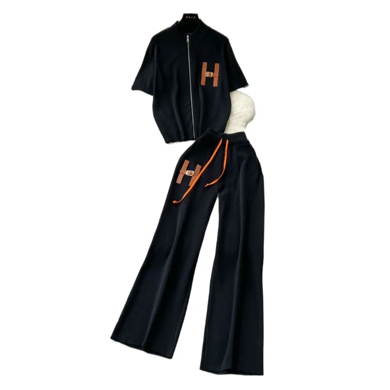 

Women's tracksuit Leisure suit women's short sleeved knitted cardigan high waist wide leg pants summer two-piece set