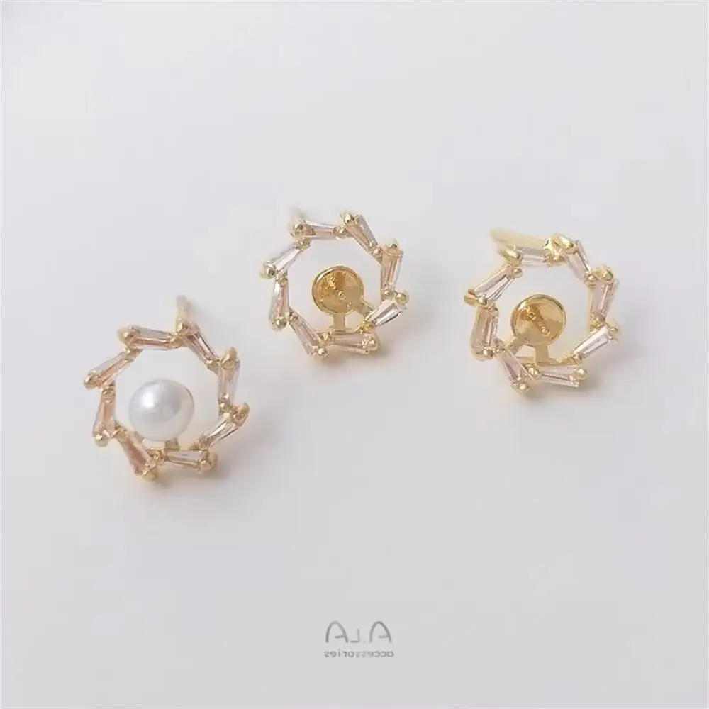 

14K Gold Inlaid Zircon Half Hole Pearl Holder Flower Ring Earrings 925 Silver Needle Handmade DIY Ear Jewelry Accessories E130