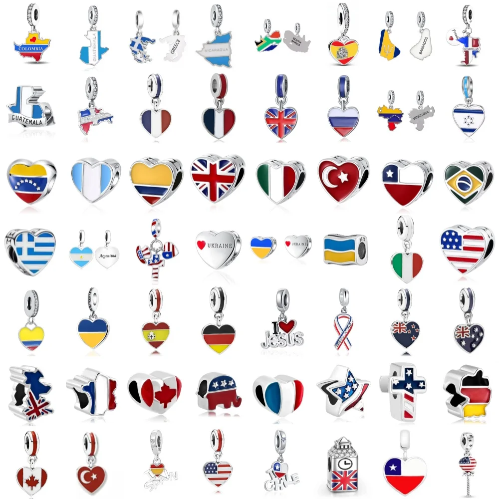 الكلاسيكية بريطانيا اسبانيا البرازيلي كندا العلم الوطني قلادة 925 الفضة DIY بها بنفسك حبة صالح الأصلي سوار مجوهرات اكسسوارات سحر