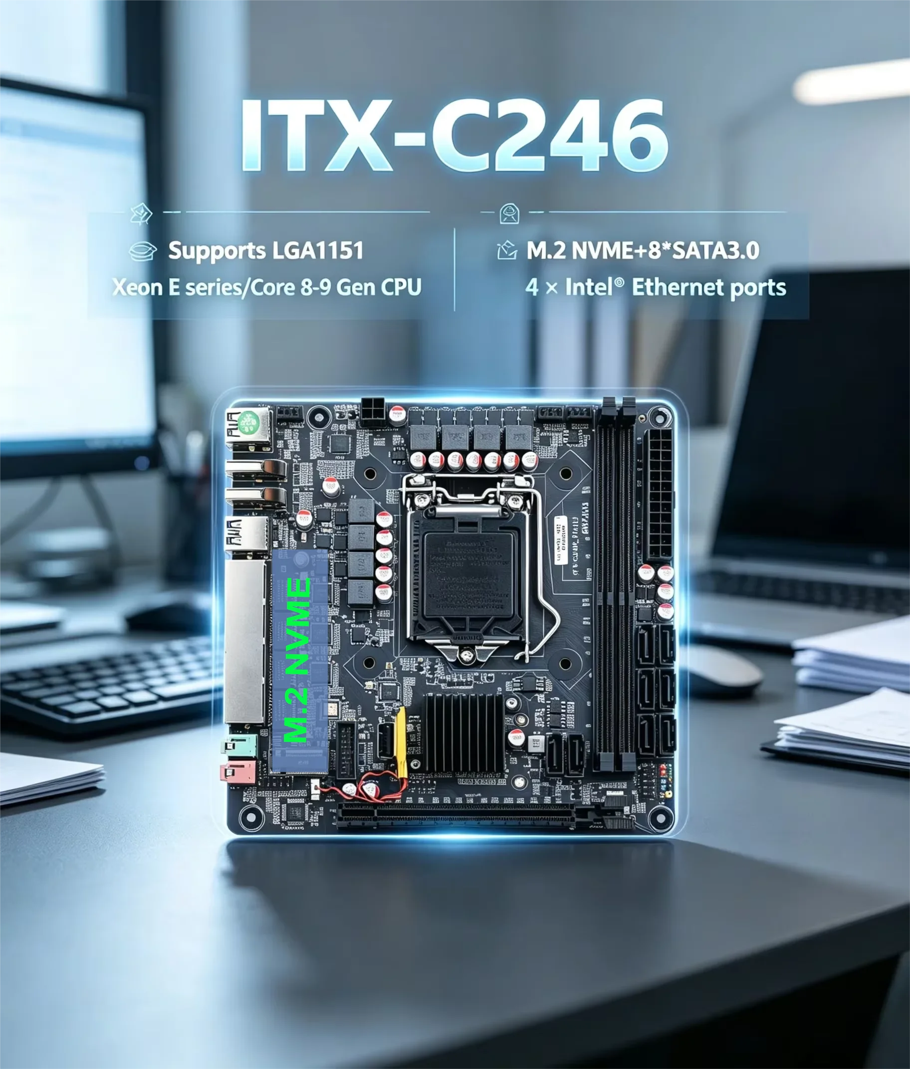 8-Bays C246 Vpro NAS Motherboard 8 SATA 4*LAN Ports 2*DDR4 Slot 3*M.2 With PCIE X16 Slot Support E-2100/2200 8/9th Core Series