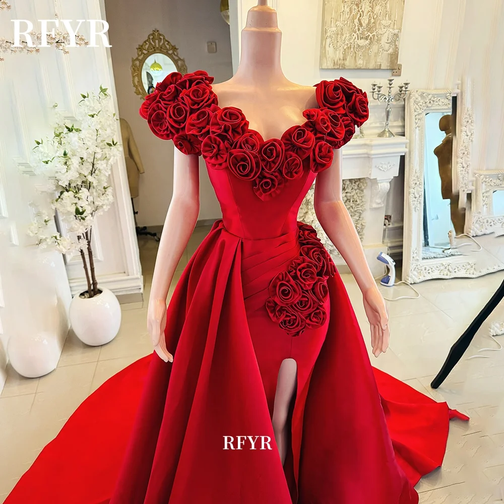 RFYR Off Shoulder Evening Dress A-Line Prom Dress 3D Flowers Embroidery Satin High Slit Celebrity Gala Dresses Customized