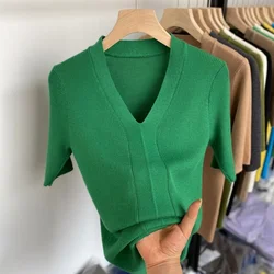 Women's T-shirt Short Sleeve Tee V Neck T-shirts Female Summer 2024 New Slim Casual Solid Color Green Knitted T Shirt for Women