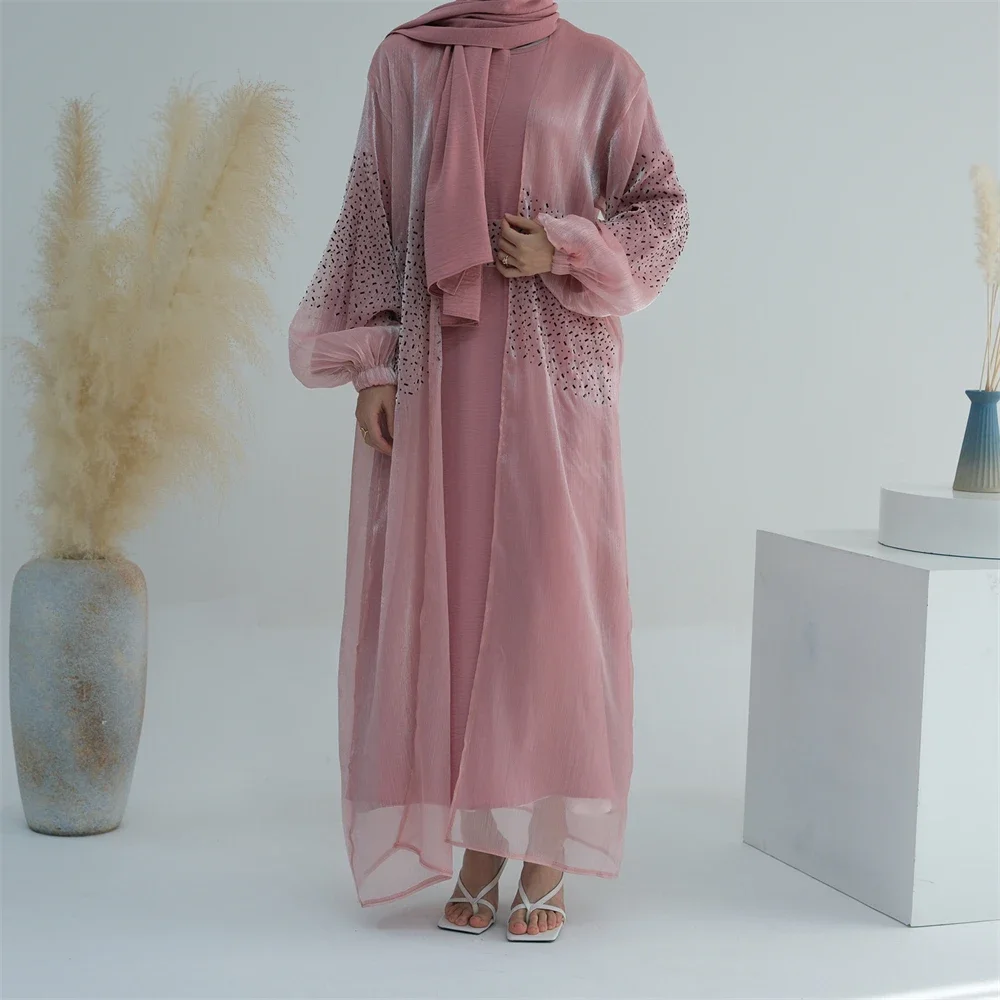 Kimono Abaya Dubai Luxury Diamonds Shiny Puff Sleeves Saudi Women Open Abayas for Daily Muslim Wear Hijab Dress Islamic Clothing