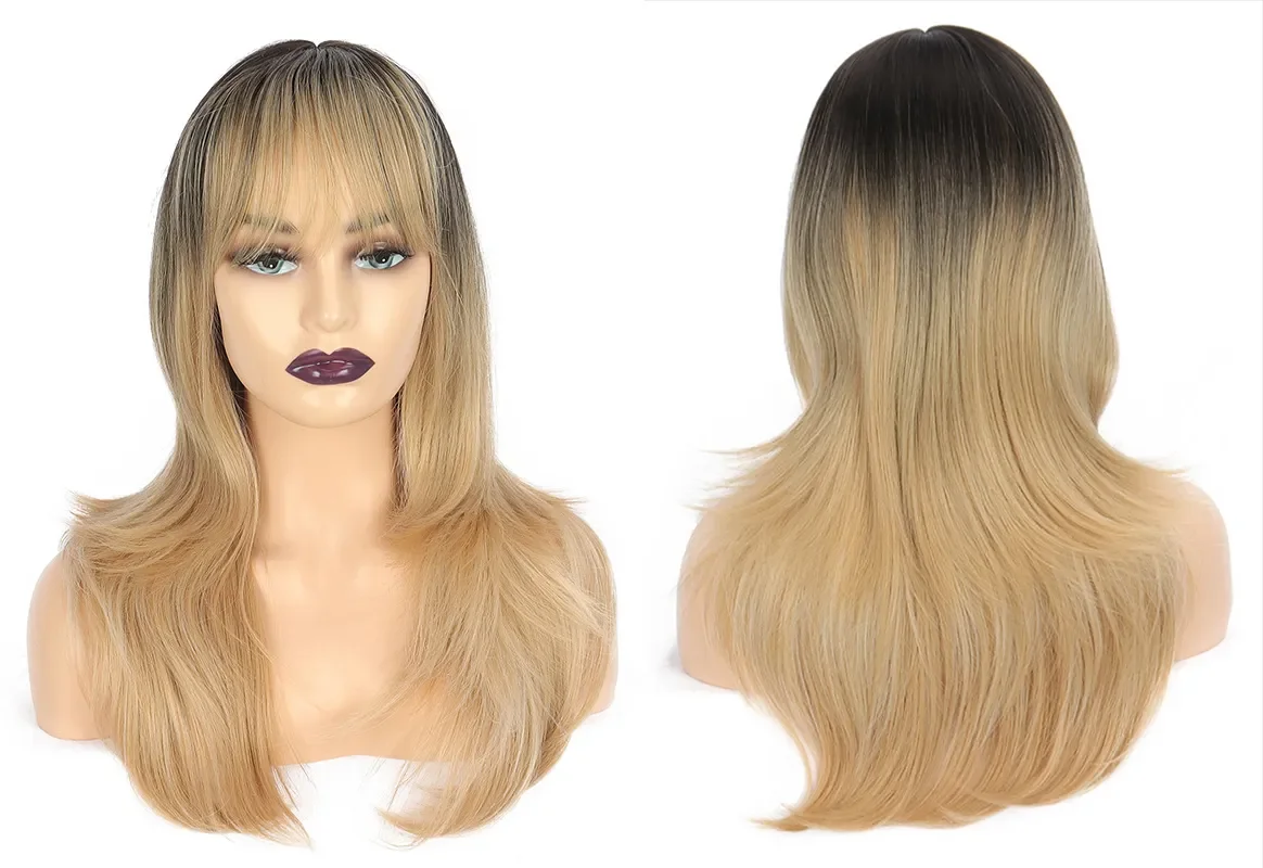 Perruque complète blonde longue mixte pour femme, cheveux ondulés ombrés, partie médiane, cosplay de fête, 24 po, nouveau