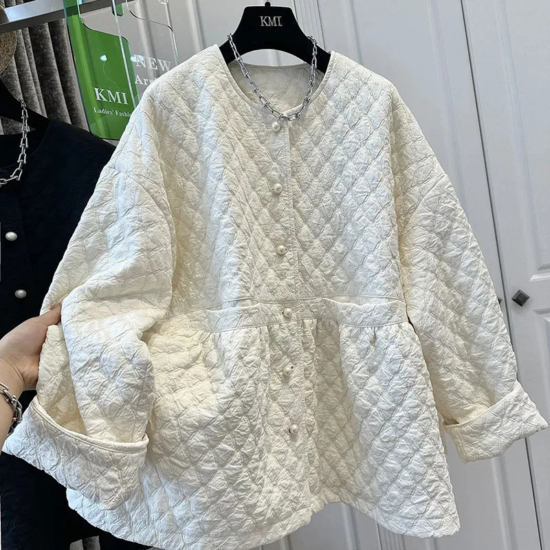 Autumn Pearl Single Breasted Cardigan Women Literary Thick Cotton Coat Warm Long Sleeve Slim Waist O-neck Outwear