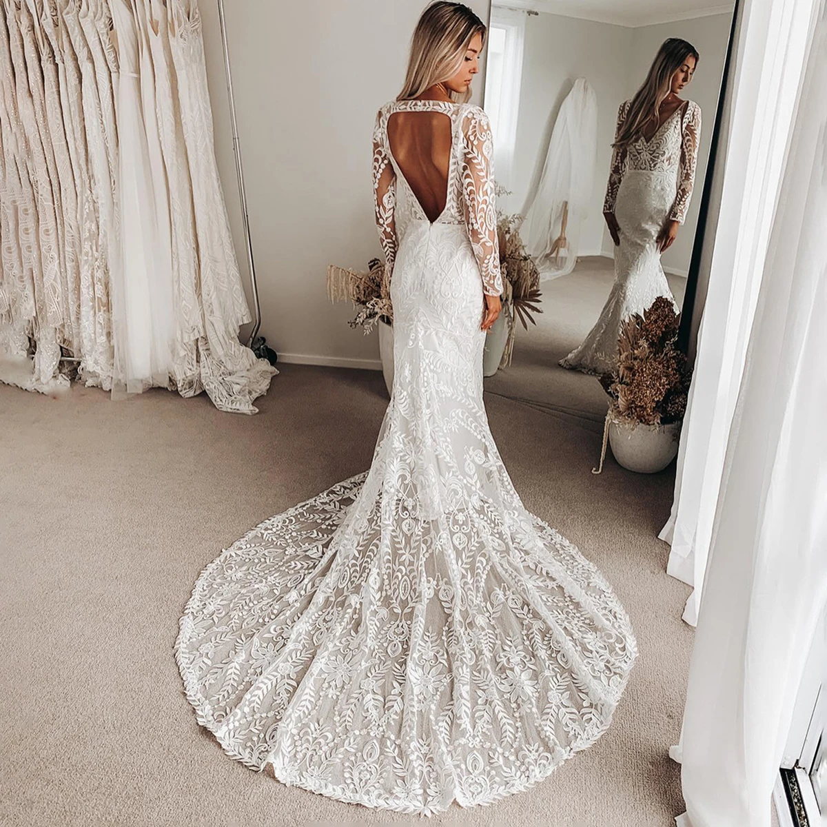 Mermaid Customized Boho Lace Wedding Dress with Removable Bolero Plus Size Long Sleeves Chapel Train Elegant V Neck Bridal Gown