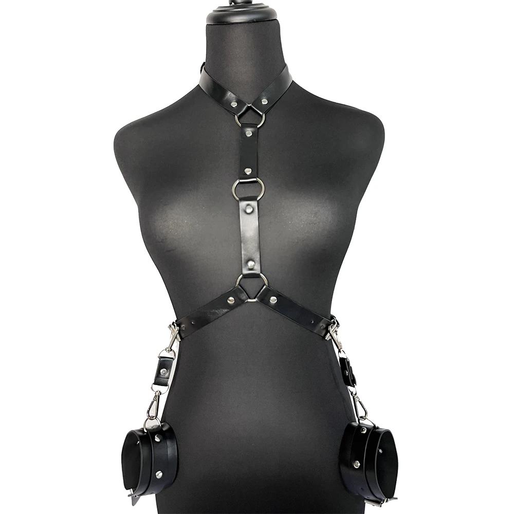 Women's Sexy Leather Harness Belt with Handcuffs Set Fetish Clothes Festival Club Wear Adjustable Body Belt and Body Accessory view 5