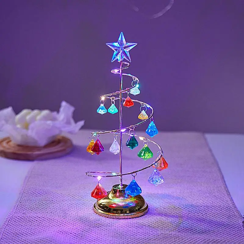 Christmas Tree Crystal Lamp Rotating Glitter Christmas Tree Desk Ornament Electroplating Iron Art Desk Ornament Lights For Kids