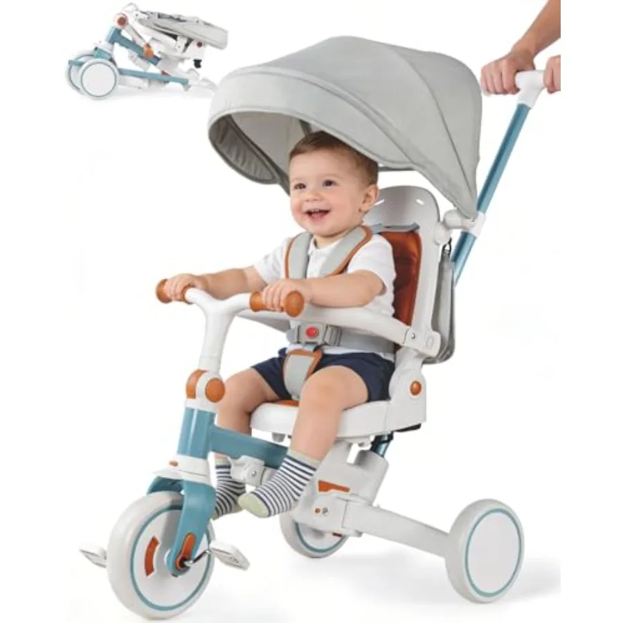 

Складной трехколесный велосипед 7-в-1 для малышей 1-3 лет с ручкой-толкателем, синий, подарок для мальчиков и девочек от 12 месяцев до 6 лет