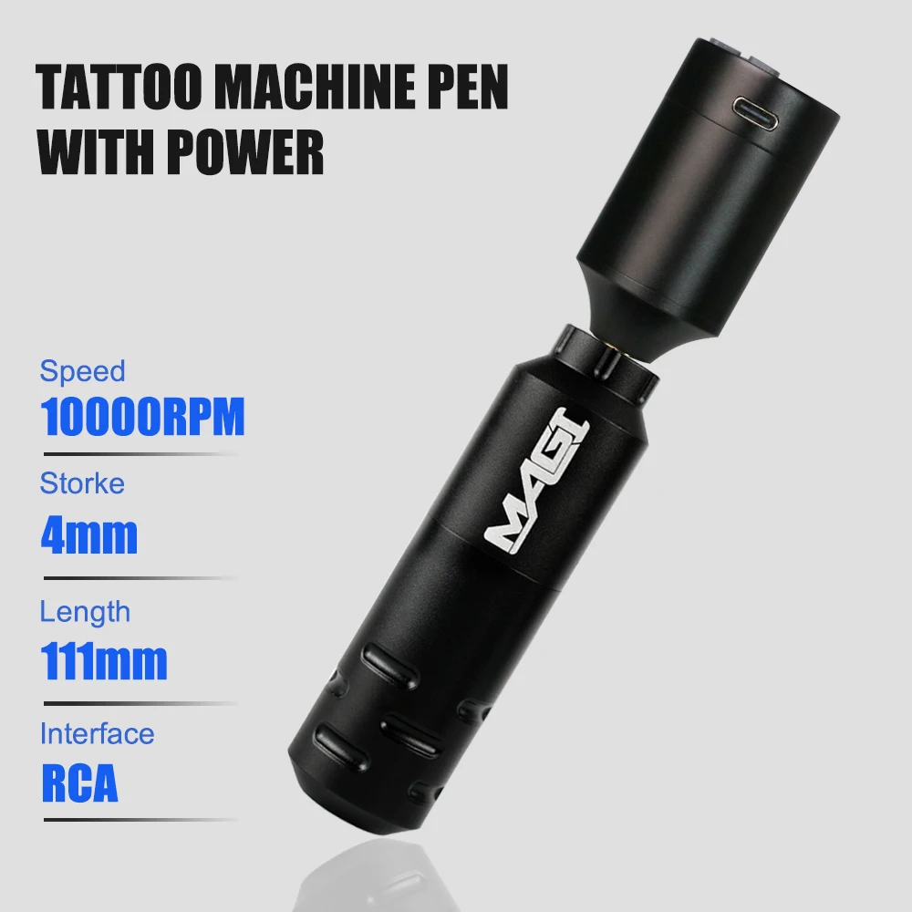 Máquina de tatuaje profesional con interfaz RCA, pluma de tatuaje rotativa MAGI de 10000rpm, 4,0mm, trazo para artista corporal, maquillaje permanente para principiantes