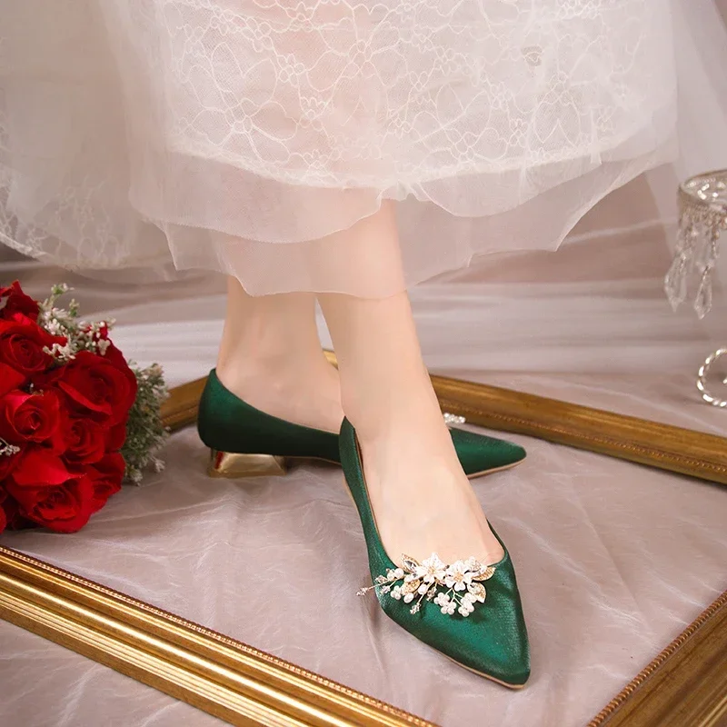 Flowers Pointed Toe Pumps for Women\'s 2024 New Green Silk Low Heels Shoes Woman Slip on Thin Heeled Lady Shoes Green Party Shoes