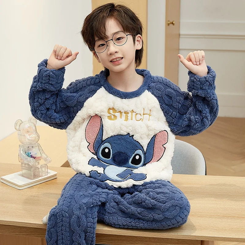 Winter Thicken Pajamas Sets For Children Sleepwear Cartoon Stitch Pokemon Pyjama Coral Warm Boys Home Clothes