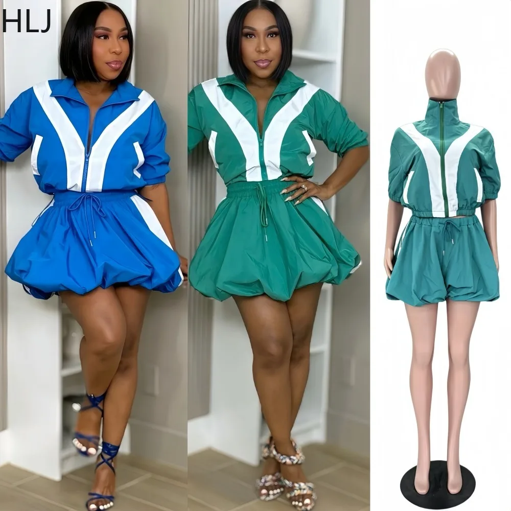 HLJ Conjunto deportivo de 2 piezas para mujer, chaqueta con cremallera y falda de burbujas, conjunto informal deportivo de manga corta, ropa de calle de verano