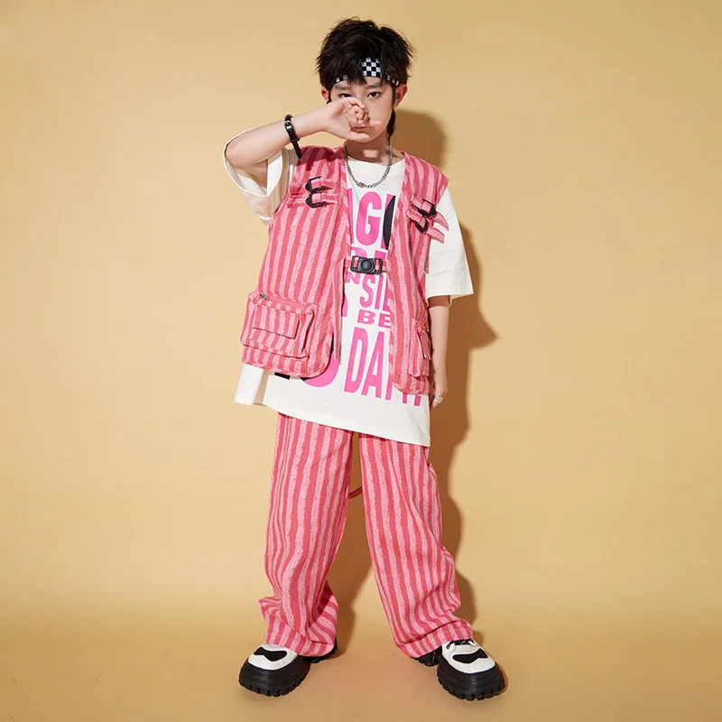 

Kid Hip Hop Clothing Pink Striped Sleeveless Jacket Cargo Vest Casual Wide Baggy Pants for Girls Boys Jazz Dance Costume Clothes