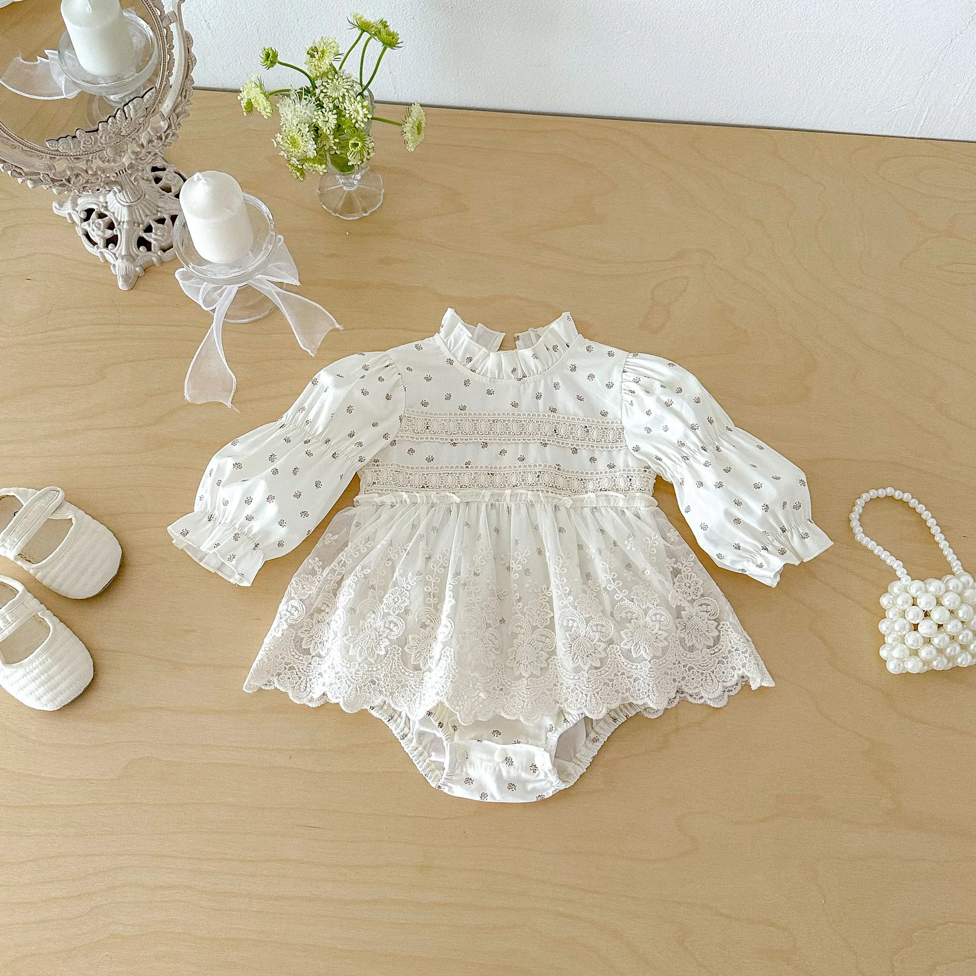 Newborn Clothes Baby Bodysuits And One-pieces Korean-style Floral Print Infant Girls Lace Romper Dress Long Sleeve Onesie 0-24M