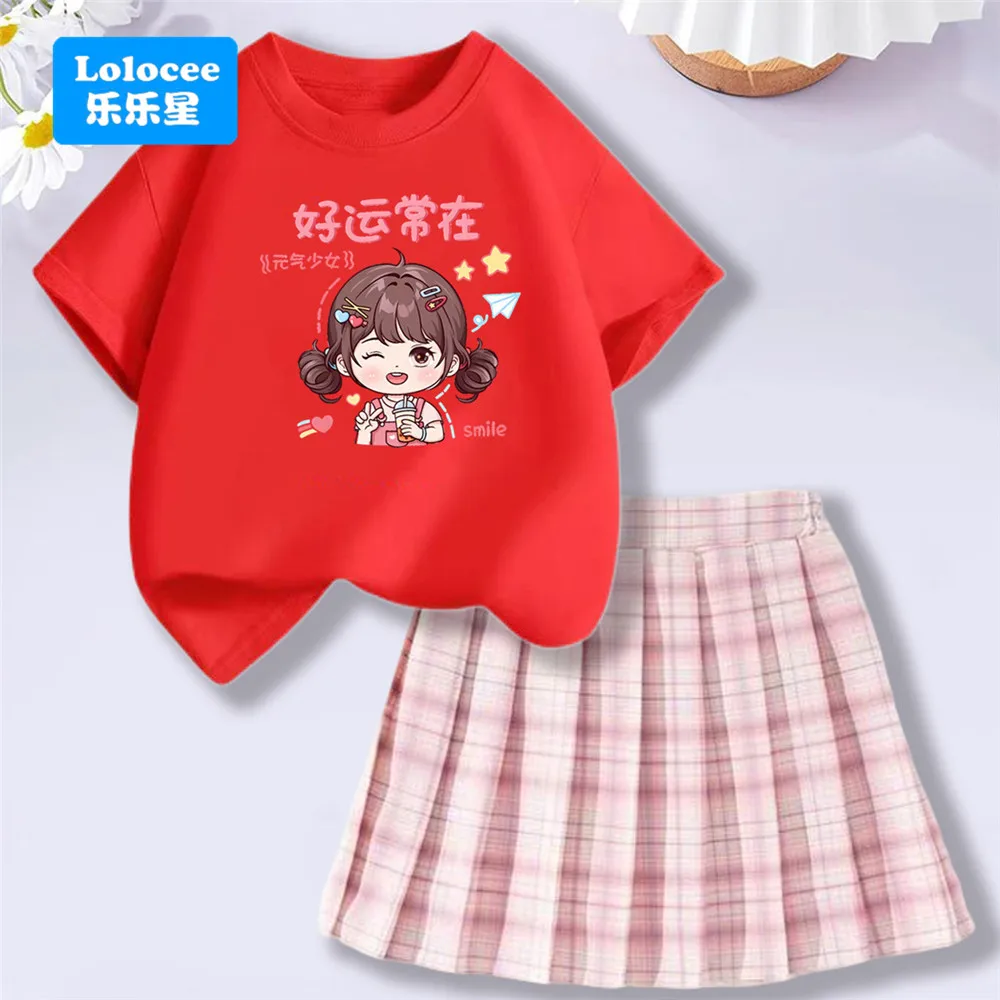 Lolocee Girls' Set,Good Luck Cute Girl Print Top + Plaid Skirt Two Piece Clothes Set, Kids' Casual Summer Outfit