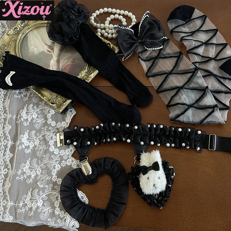 Japanese Sweet Cool Girl Gothic Stacked Wear with Glass Silk Lolita Crystal Lace Leg Ring Media Tube Socks with Skirt