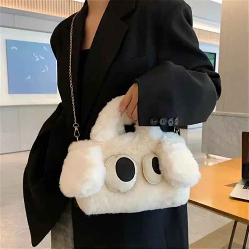 Kawaii Big Eye Plush Crossbody Handbag,Solid Color Embroidered Imitation Wool Tote Bag & Purse for Women - Cartoon Theme