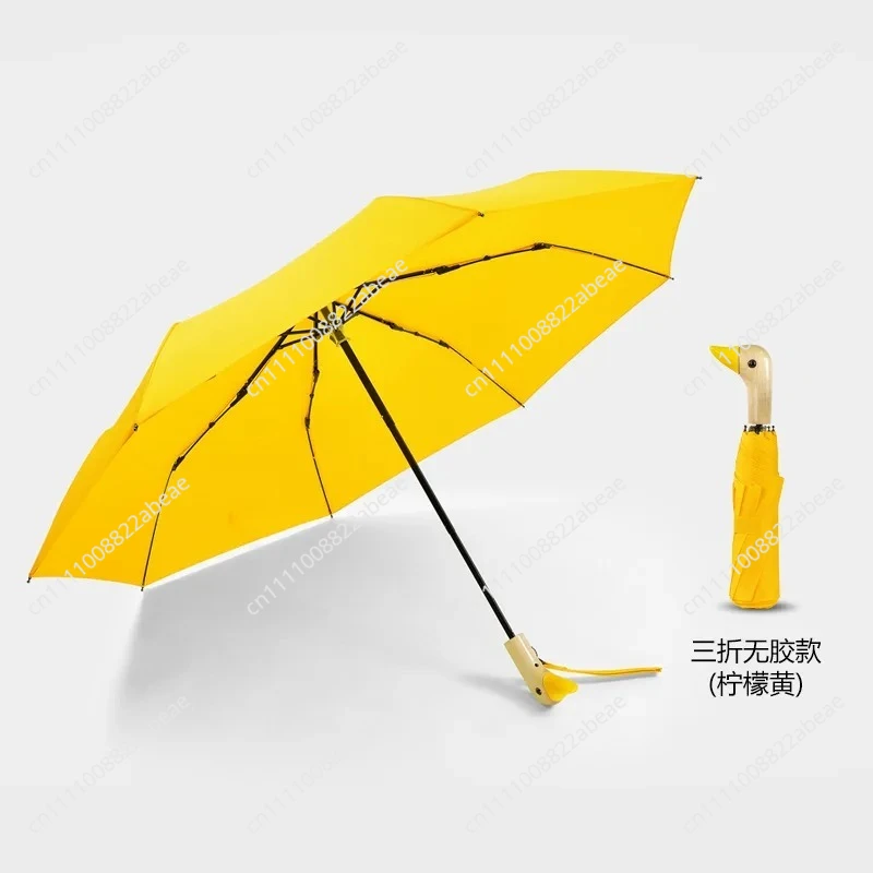 Triple fold duck head umbrella creative wooden handle sun protection rain and shine women's vinyl cute duck umbrella