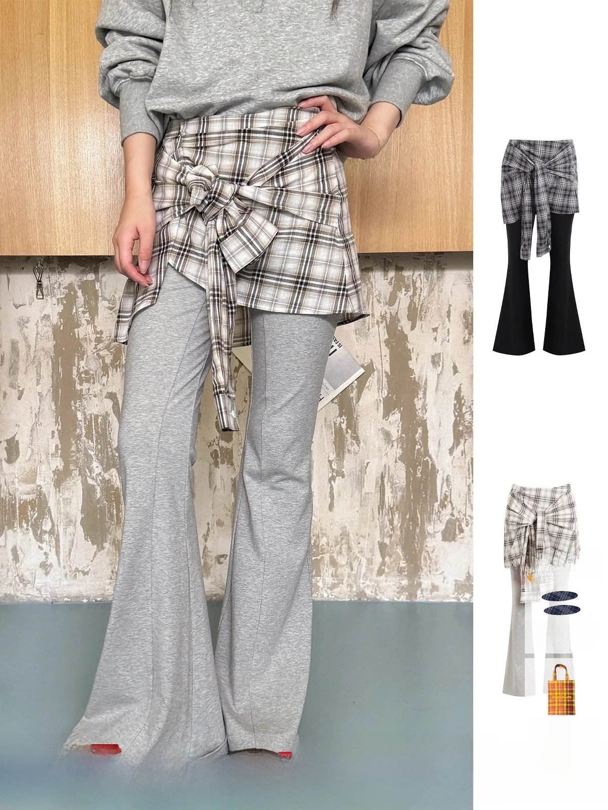 

e If Plaid Patchwork Flared Pants Casual Cotton Blend Ladies Trousers from St Store Trending Autumn Wear