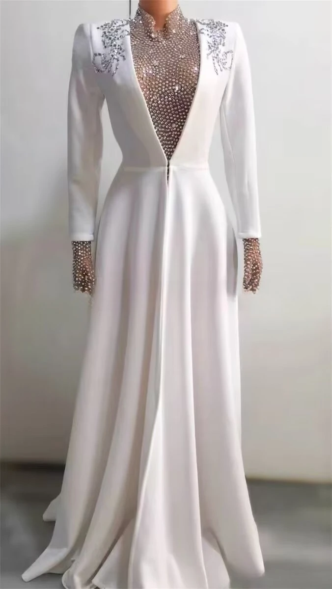우아한 크리스탈 공주 웨딩 드레스 화이트 반짝이 웨딩 파티 투피스 긴 소매 Vestidos De Mujer Elegantes Para Fiesta