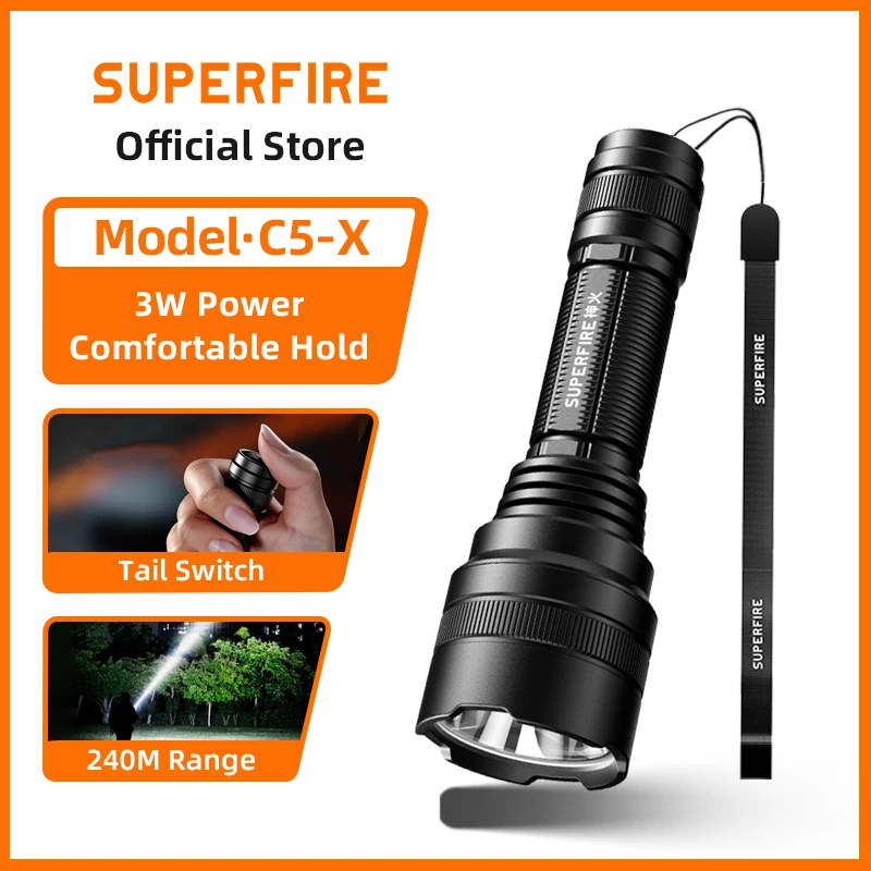 

2025 SUPERFIRE C5-X LED Tactical Flashlight Outdoor Aluminum Alloy Torch Tail button Battery Waterproof Camping Fishing Lantern