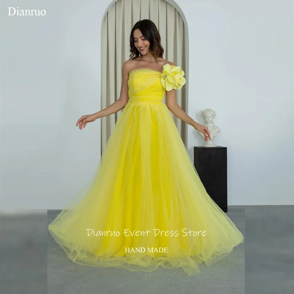 Dianruo A ラインイエローチュールイ​​ブニングドレス鮮やかなフロアレングス Vestidos De Noche 3D 花特別な日のドレスカスタマイズ