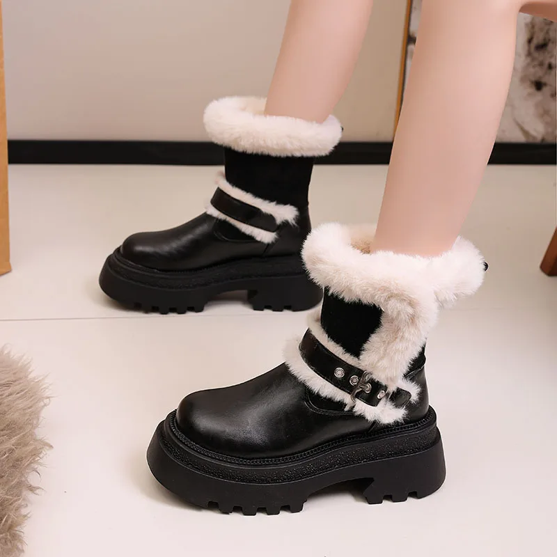 

Metal Buckle Platform Block Heel Cotton Shoes Winter New Round Toe Waterproof Non-slip Snow Boots