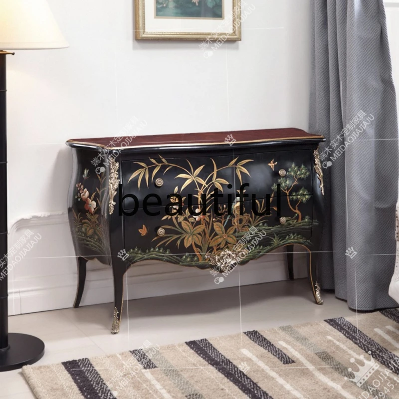 French retro entrance cabinet, European black flower and bird painted double bucket storage decorative cabinet