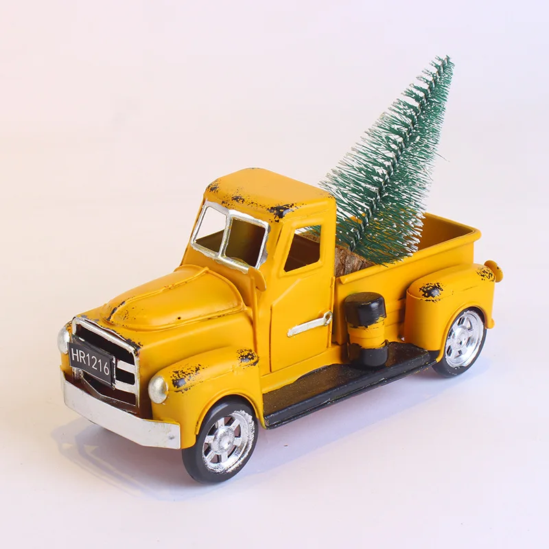 Christmas Crafts Vintage yellowTruck Metal Rustic Pickup Truck and Pine Tree Model Exquisite Home Decoration Happy New Year