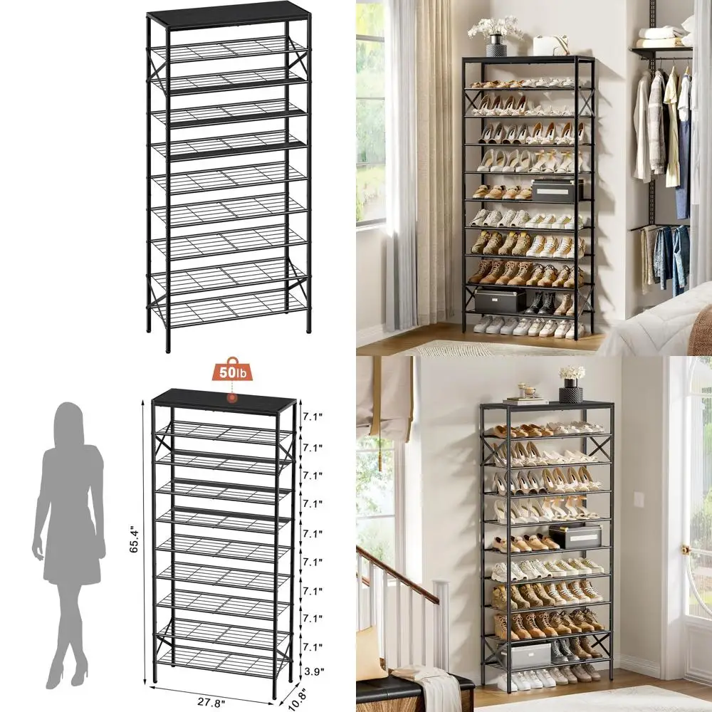 

10-Tier Metal Shoe Rack Organizer with Wooden Top Shelf, 30-40 Pairs Storage for Entryway or Garage, Black