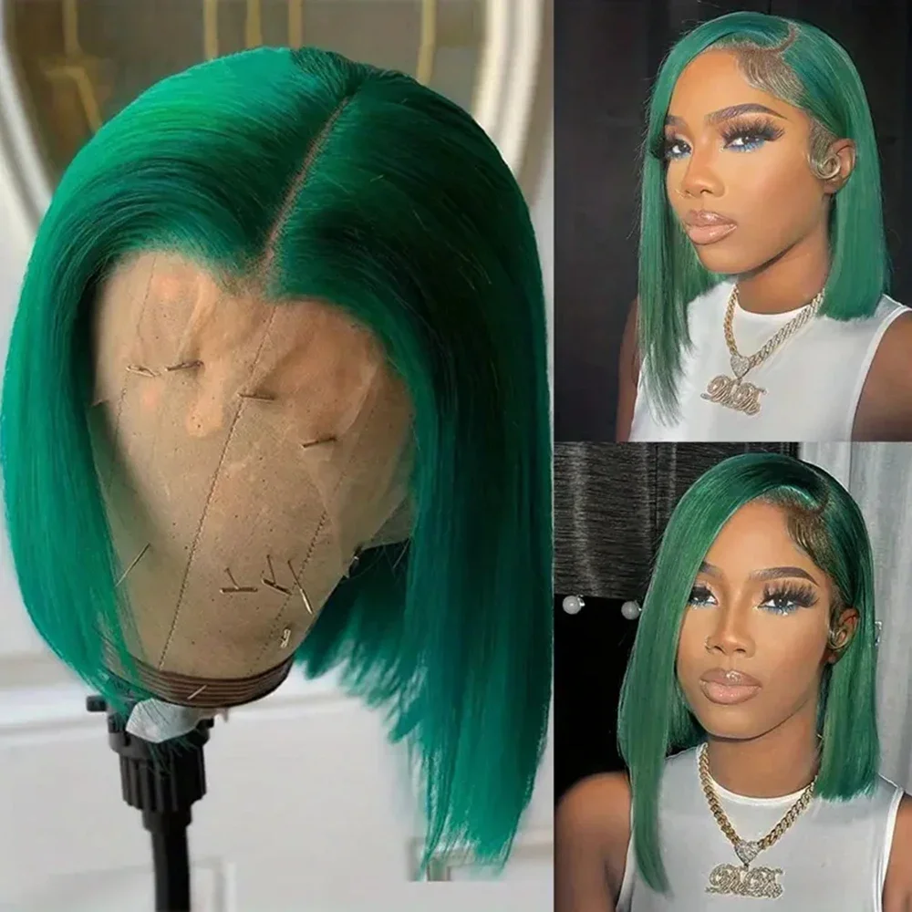 Peluca de cabello humano liso con encaje Frontal transparente, pelo corto Bob, color turquesa, color verde oscuro, 13x4, predesplumada