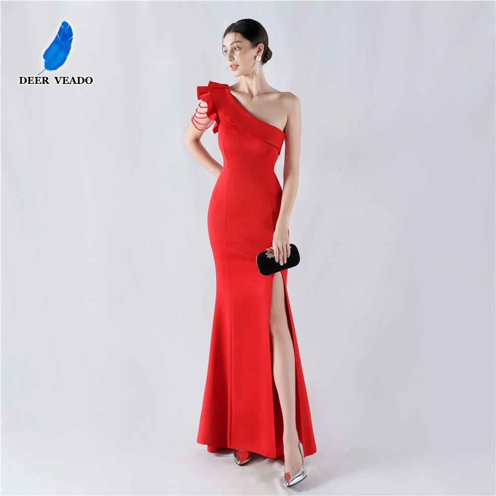 DEERVEADO 8 Colors Elegant One Shoulder Evening Dresses for Woman Soft Satin Simple Formal Dress Prom Party Dresses with Beads