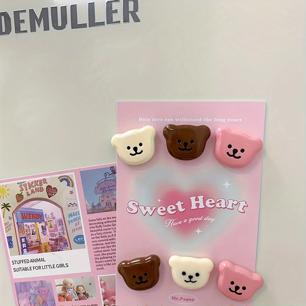 6pcs Set, Refrigerator Magnet Cute Bear Ornament Pink Bear Whiteboard Fixed Sticker Kitchen Home Decoration