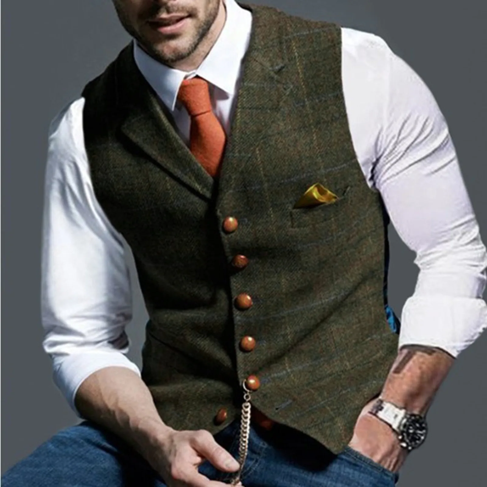 Men\'s Casual Classic Suit Vest V Neck Herringbone Tweed Slim Fit Business Waistcoat For Wedding Men\'s Lapel Plaid Vest