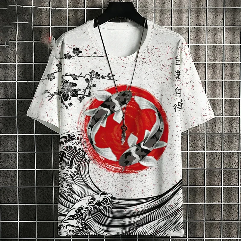 3D Printed Ukiyo-E T-Shirt For Men Japanese Koi Carp Graphic T Shirts Casual Unisex Oversized Short Sleeve Tops Breathable Tees