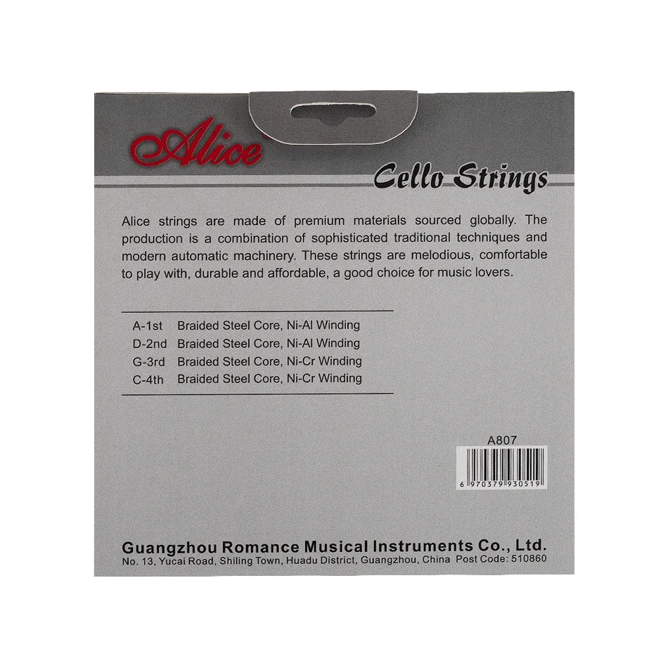 Alice A807 Cello Strings Braided Steel Core Ni-Al / Ni-Cr Alloy Winding Full Set For 4/4 Cello Performance Using Cello Strings