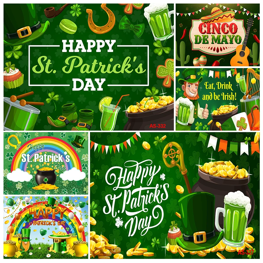 Happy St. Patrick's Day Backdrop Spring Irish Green Lucky Shamrock Background for Photography Clover Rainbow String of Lights