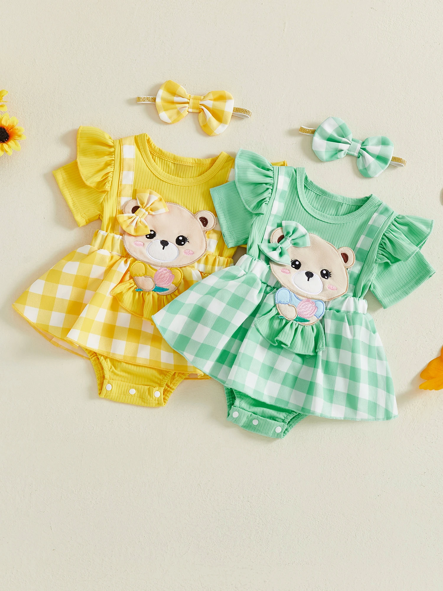 

Toddler Girl Clothing Set with Cute Bear Embroidery Plaid Romper Dress Short Sleeve and Matching Bow Headband - 2 Piece