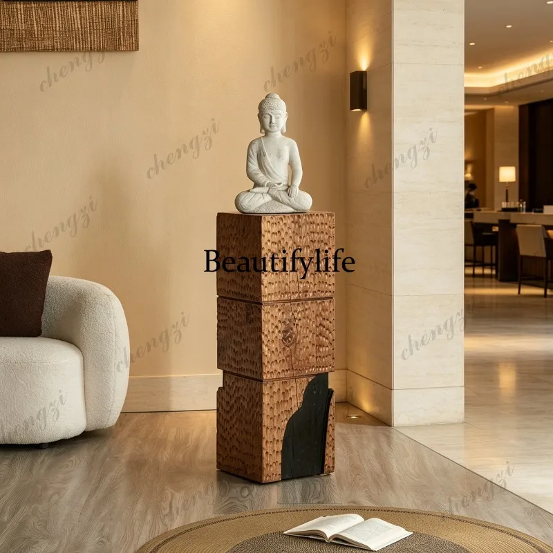 Log wind living room full solid wood decorative table pillar Song style aesthetic wood pier floor vase rack