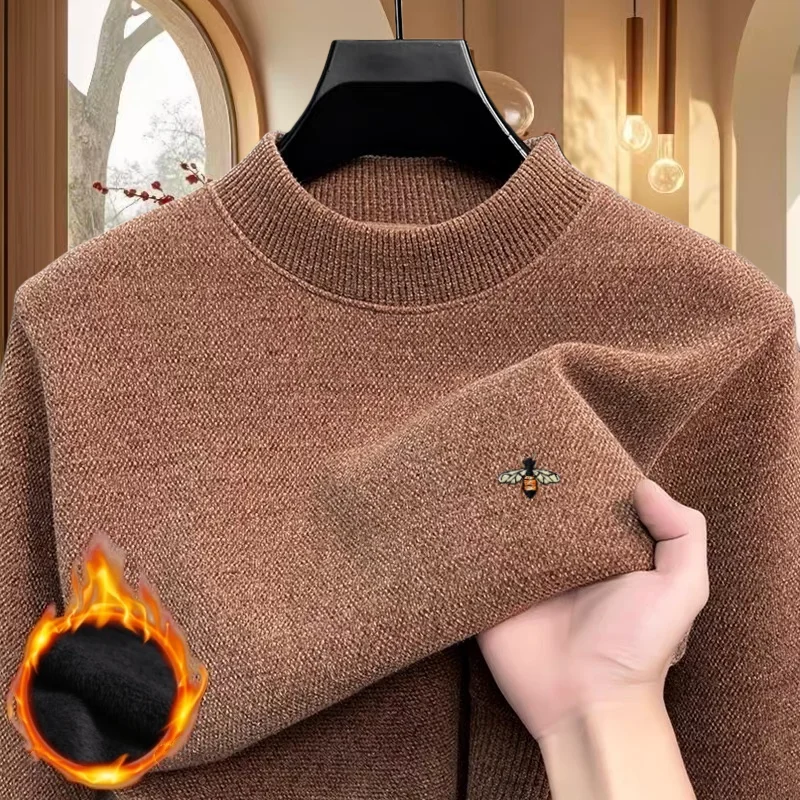 

Hot selling brand Autumn and Winter Exquisite Little Bee Embroidered Knitted Sweater Comfortable Men New Velvet Warm Long Sleeve