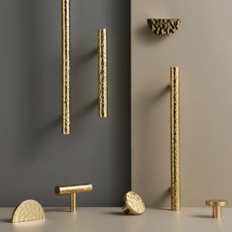 Solid Brass Hammer Pattern Cabinet Handle Handmade Knocking Pattern Round Half Round Long T-shaped Knobs