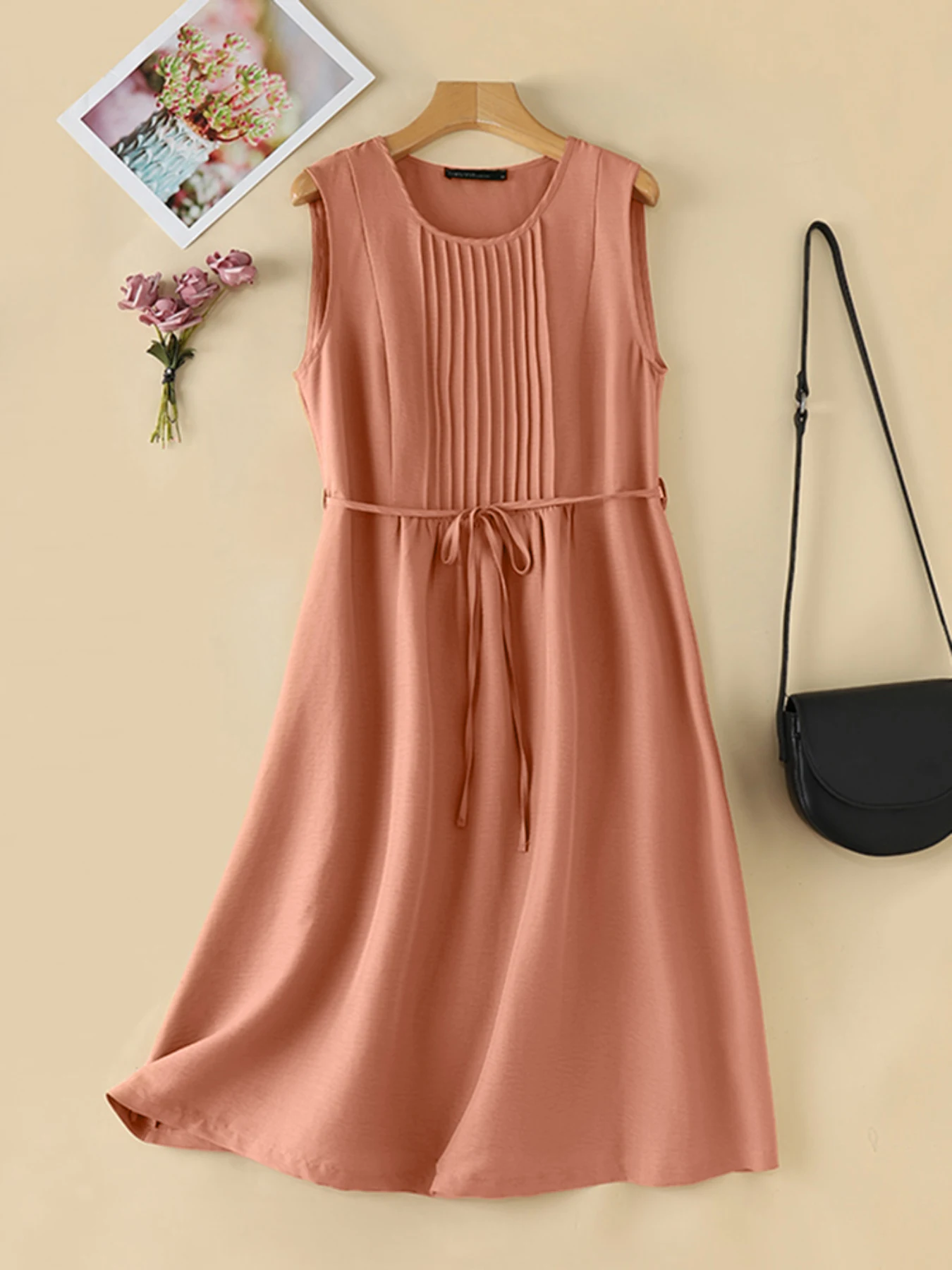 ZANZEA 2025 فستان نسائي صيفي برقبة دائرية على شكل حرف a ميدي فستان كوري غير رسمي بدون أكمام فستان صيفي غير رسمي بطيات متينة بدون أكمام #4