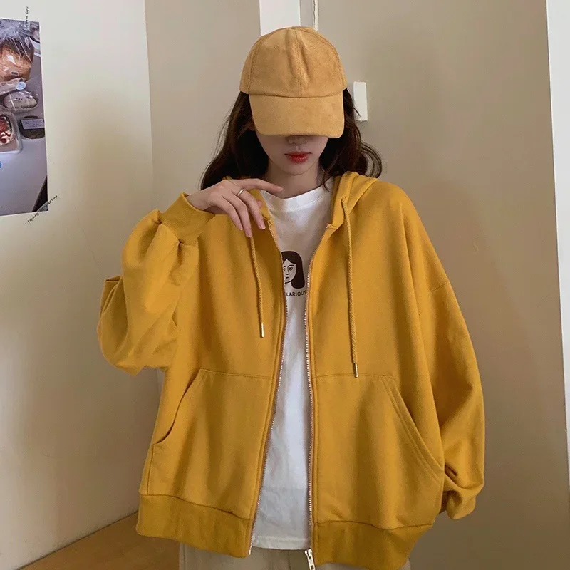 Y2k Autumn Hooded Sweatshirts With Pocket For Women Plus Size Long Sleeve Vintage Casual Cardigan Streetwear Solid Zip Up Hoodie