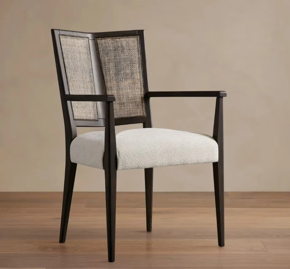 

Indoor European Style Wood Frame Woven Rattan Cane Arm Dining Chair