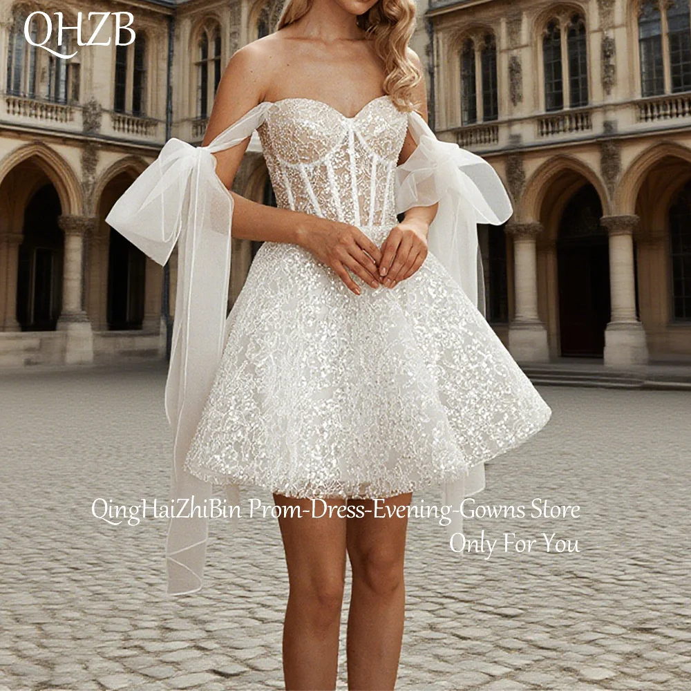 

Customized Short Ivory Beads Wedding Dresses Lace Off Shoulder Above-Knee Mini Brides Dress Women Vestidos De Novias Gowns 2025
